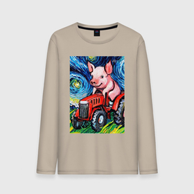 Мужской лонгслив хлопок с принтом Поросенок на красном тракторе   стиль Ван Гог в Курске, 100% хлопок |  | Тематика изображения на принте: 