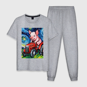 Мужская пижама хлопок с принтом Поросенок на красном тракторе   стиль Ван Гог в Тюмени, 100% хлопок | брюки и футболка прямого кроя, без карманов, на брюках мягкая резинка на поясе и по низу штанин
 | 