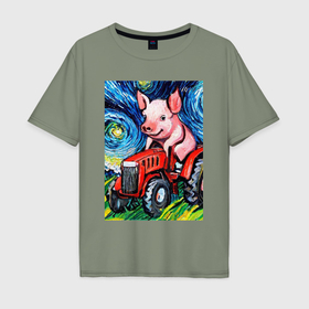 Мужская футболка хлопок Oversize с принтом Поросенок на красном тракторе   стиль Ван Гог в Курске, 100% хлопок | свободный крой, круглый ворот, “спинка” длиннее передней части | Тематика изображения на принте: 