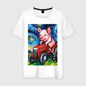 Мужская футболка хлопок с принтом Поросенок на красном тракторе   стиль Ван Гог в Курске, 100% хлопок | прямой крой, круглый вырез горловины, длина до линии бедер, слегка спущенное плечо. | Тематика изображения на принте: 