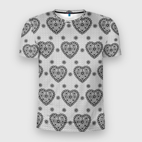 Мужская футболка 3D Slim с принтом Черное кружево с сердцами в Новосибирске, 100% полиэстер с улучшенными характеристиками | приталенный силуэт, круглая горловина, широкие плечи, сужается к линии бедра | 