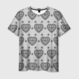 Мужская футболка 3D с принтом Черное кружево с сердцами , 100% полиэфир | прямой крой, круглый вырез горловины, длина до линии бедер | 