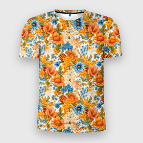 Мужская футболка 3D Slim с принтом Оранжевые  полевые   цветы в Тюмени, 100% полиэстер с улучшенными характеристиками | приталенный силуэт, круглая горловина, широкие плечи, сужается к линии бедра | 