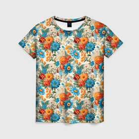 Женская футболка 3D с принтом Цветы  полевые паттерн в Тюмени, 100% полиэфир ( синтетическое хлопкоподобное полотно) | прямой крой, круглый вырез горловины, длина до линии бедер | 