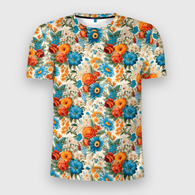 Мужская футболка 3D Slim с принтом Цветы  полевые паттерн в Тюмени, 100% полиэстер с улучшенными характеристиками | приталенный силуэт, круглая горловина, широкие плечи, сужается к линии бедра | 
