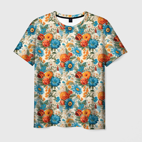 Мужская футболка 3D с принтом Цветы  полевые паттерн в Тюмени, 100% полиэфир | прямой крой, круглый вырез горловины, длина до линии бедер | 