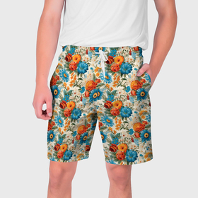Мужские шорты 3D с принтом Цветы  полевые паттерн в Тюмени,  полиэстер 100% | прямой крой, два кармана без застежек по бокам. Мягкая трикотажная резинка на поясе, внутри которой широкие завязки. Длина чуть выше колен | 