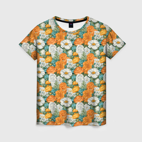 Женская футболка 3D с принтом Цветы   полевые   паттерн в Тюмени, 100% полиэфир ( синтетическое хлопкоподобное полотно) | прямой крой, круглый вырез горловины, длина до линии бедер | 