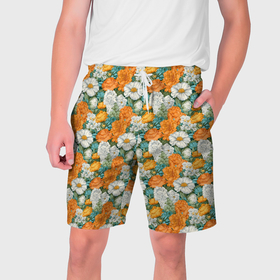 Мужские шорты 3D с принтом Цветы   полевые   паттерн в Тюмени,  полиэстер 100% | прямой крой, два кармана без застежек по бокам. Мягкая трикотажная резинка на поясе, внутри которой широкие завязки. Длина чуть выше колен | 