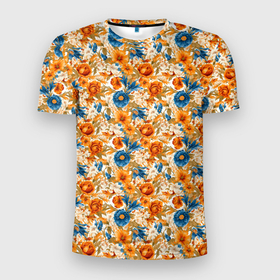 Мужская футболка 3D Slim с принтом Желтые  и оранжевые цветы в Кировске, 100% полиэстер с улучшенными характеристиками | приталенный силуэт, круглая горловина, широкие плечи, сужается к линии бедра | 