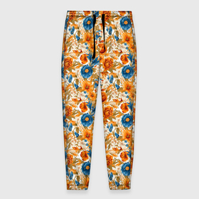 Мужские брюки 3D с принтом Желтые  и оранжевые цветы в Белгороде, 100% полиэстер | манжеты по низу, эластичный пояс регулируется шнурком, по бокам два кармана без застежек, внутренняя часть кармана из мелкой сетки | Тематика изображения на принте: 