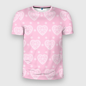 Мужская футболка 3D Slim с принтом Розовое кружево сердечки в Новосибирске, 100% полиэстер с улучшенными характеристиками | приталенный силуэт, круглая горловина, широкие плечи, сужается к линии бедра | 