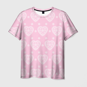 Мужская футболка 3D с принтом Розовое кружево сердечки в Новосибирске, 100% полиэфир | прямой крой, круглый вырез горловины, длина до линии бедер | 