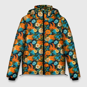 Мужская зимняя куртка 3D с принтом Паттерн садовые цветы в Петрозаводске, верх — 100% полиэстер; подкладка — 100% полиэстер; утеплитель — 100% полиэстер | длина ниже бедра, свободный силуэт Оверсайз. Есть воротник-стойка, отстегивающийся капюшон и ветрозащитная планка. 

Боковые карманы с листочкой на кнопках и внутренний карман на молнии. | Тематика изображения на принте: 