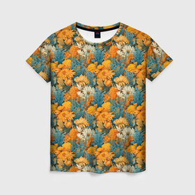 Женская футболка 3D с принтом Желтые и синие полевые цветы в Кировске, 100% полиэфир ( синтетическое хлопкоподобное полотно) | прямой крой, круглый вырез горловины, длина до линии бедер | 