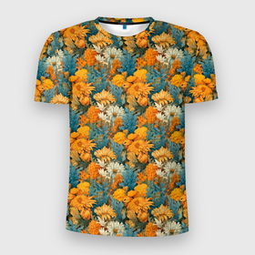 Мужская футболка 3D Slim с принтом Желтые и синие полевые цветы в Кировске, 100% полиэстер с улучшенными характеристиками | приталенный силуэт, круглая горловина, широкие плечи, сужается к линии бедра | 