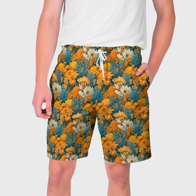 Мужские шорты 3D с принтом Желтые и синие полевые цветы в Санкт-Петербурге,  полиэстер 100% | прямой крой, два кармана без застежек по бокам. Мягкая трикотажная резинка на поясе, внутри которой широкие завязки. Длина чуть выше колен | 