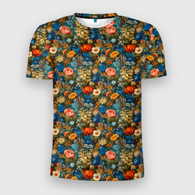 Мужская футболка 3D Slim с принтом Цветочный   паттерн гавайский в Петрозаводске, 100% полиэстер с улучшенными характеристиками | приталенный силуэт, круглая горловина, широкие плечи, сужается к линии бедра | 