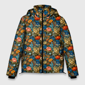 Мужская зимняя куртка 3D с принтом Цветочный   паттерн гавайский в Петрозаводске, верх — 100% полиэстер; подкладка — 100% полиэстер; утеплитель — 100% полиэстер | длина ниже бедра, свободный силуэт Оверсайз. Есть воротник-стойка, отстегивающийся капюшон и ветрозащитная планка. 

Боковые карманы с листочкой на кнопках и внутренний карман на молнии. | 