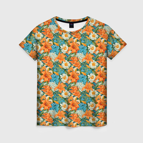 Женская футболка 3D с принтом Цветочный   микс   паттерн в Кировске, 100% полиэфир ( синтетическое хлопкоподобное полотно) | прямой крой, круглый вырез горловины, длина до линии бедер | 