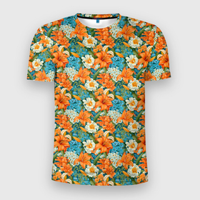 Мужская футболка 3D Slim с принтом Цветочный   микс   паттерн в Кировске, 100% полиэстер с улучшенными характеристиками | приталенный силуэт, круглая горловина, широкие плечи, сужается к линии бедра | 