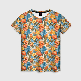 Женская футболка 3D с принтом Микс из цветов в Петрозаводске, 100% полиэфир ( синтетическое хлопкоподобное полотно) | прямой крой, круглый вырез горловины, длина до линии бедер | 