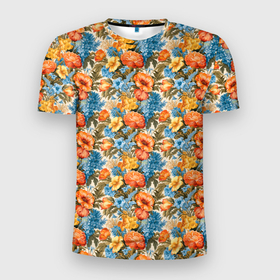 Мужская футболка 3D Slim с принтом Микс из цветов в Петрозаводске, 100% полиэстер с улучшенными характеристиками | приталенный силуэт, круглая горловина, широкие плечи, сужается к линии бедра | 