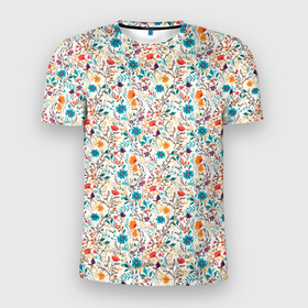 Мужская футболка 3D Slim с принтом Цветы на белом   фоне в Белгороде, 100% полиэстер с улучшенными характеристиками | приталенный силуэт, круглая горловина, широкие плечи, сужается к линии бедра | Тематика изображения на принте: 