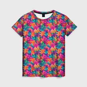 Женская футболка 3D с принтом Цветочный  паттерн  гавайский стиль в Екатеринбурге, 100% полиэфир ( синтетическое хлопкоподобное полотно) | прямой крой, круглый вырез горловины, длина до линии бедер | 