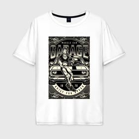 Мужская футболка хлопок Oversize с принтом Muscle cars garage в Санкт-Петербурге, 100% хлопок | свободный крой, круглый ворот, “спинка” длиннее передней части | Тематика изображения на принте: 