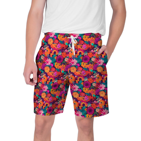 Мужские шорты 3D с принтом Красные цветы гавайский паттерн ,  полиэстер 100% | прямой крой, два кармана без застежек по бокам. Мягкая трикотажная резинка на поясе, внутри которой широкие завязки. Длина чуть выше колен | 