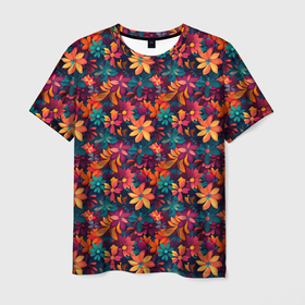 Мужская футболка 3D с принтом Цветочный  паттерн     микс в Кировске, 100% полиэфир | прямой крой, круглый вырез горловины, длина до линии бедер | 