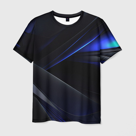 Мужская футболка 3D с принтом Black  blue background , 100% полиэфир | прямой крой, круглый вырез горловины, длина до линии бедер | 