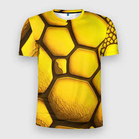 Мужская футболка 3D Slim с принтом Желтые объемные плиты в Новосибирске, 100% полиэстер с улучшенными характеристиками | приталенный силуэт, круглая горловина, широкие плечи, сужается к линии бедра | 