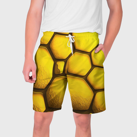 Мужские шорты 3D с принтом Желтые объемные плиты в Новосибирске,  полиэстер 100% | прямой крой, два кармана без застежек по бокам. Мягкая трикотажная резинка на поясе, внутри которой широкие завязки. Длина чуть выше колен | 