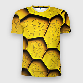 Мужская футболка 3D Slim с принтом Желтые шестиугольники с трещинами   объемная текстура в Петрозаводске, 100% полиэстер с улучшенными характеристиками | приталенный силуэт, круглая горловина, широкие плечи, сужается к линии бедра | 