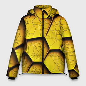 Мужская зимняя куртка 3D с принтом Желтые шестиугольники с трещинами   объемная текстура в Тюмени, верх — 100% полиэстер; подкладка — 100% полиэстер; утеплитель — 100% полиэстер | длина ниже бедра, свободный силуэт Оверсайз. Есть воротник-стойка, отстегивающийся капюшон и ветрозащитная планка. 

Боковые карманы с листочкой на кнопках и внутренний карман на молнии. | Тематика изображения на принте: 