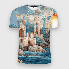 Мужская футболка 3D Slim с принтом Сказочный замок у моря в Курске, 100% полиэстер с улучшенными характеристиками | приталенный силуэт, круглая горловина, широкие плечи, сужается к линии бедра | 