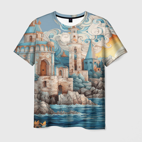 Мужская футболка 3D с принтом Сказочный замок у моря в Курске, 100% полиэфир | прямой крой, круглый вырез горловины, длина до линии бедер | 
