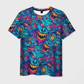 Мужская футболка 3D с принтом Неоновые монстры   graffiti art style pattern , 100% полиэфир | прямой крой, круглый вырез горловины, длина до линии бедер | Тематика изображения на принте: 