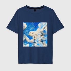 Мужская футболка хлопок Oversize с принтом Небо в проводах в Санкт-Петербурге, 100% хлопок | свободный крой, круглый ворот, “спинка” длиннее передней части | 