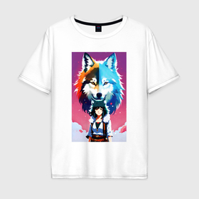 Мужская футболка хлопок Oversize с принтом Cute girl and wolf   anime   neural network в Екатеринбурге, 100% хлопок | свободный крой, круглый ворот, “спинка” длиннее передней части | 