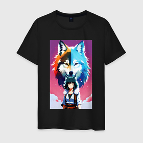 Мужская футболка хлопок с принтом Cute girl and wolf   anime   neural network в Курске, 100% хлопок | прямой крой, круглый вырез горловины, длина до линии бедер, слегка спущенное плечо. | 