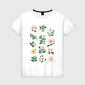 Женская футболка хлопок с принтом Набор розоватых цветочков с листьями в Кировске, 100% хлопок | прямой крой, круглый вырез горловины, длина до линии бедер, слегка спущенное плечо | 
