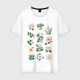 Мужская футболка хлопок с принтом Набор розоватых цветочков с листьями в Белгороде, 100% хлопок | прямой крой, круглый вырез горловины, длина до линии бедер, слегка спущенное плечо. | 