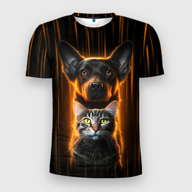 Мужская футболка 3D Slim с принтом Собака и кот в Кировске, 100% полиэстер с улучшенными характеристиками | приталенный силуэт, круглая горловина, широкие плечи, сужается к линии бедра | 