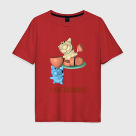 Мужская футболка хлопок Oversize с принтом котики любят колбасу в Тюмени, 100% хлопок | свободный крой, круглый ворот, “спинка” длиннее передней части | 