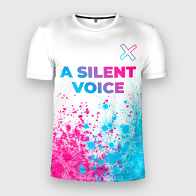 Мужская футболка 3D Slim с принтом A Silent Voice neon gradient style: символ сверху в Петрозаводске, 100% полиэстер с улучшенными характеристиками | приталенный силуэт, круглая горловина, широкие плечи, сужается к линии бедра | 