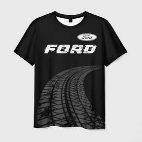 Мужская футболка 3D с принтом Ford speed на темном фоне со следами шин: символ сверху в Кировске, 100% полиэфир | прямой крой, круглый вырез горловины, длина до линии бедер | Тематика изображения на принте: 