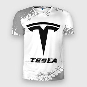Мужская футболка 3D Slim с принтом Tesla speed на светлом фоне со следами шин в Петрозаводске, 100% полиэстер с улучшенными характеристиками | приталенный силуэт, круглая горловина, широкие плечи, сужается к линии бедра | Тематика изображения на принте: 